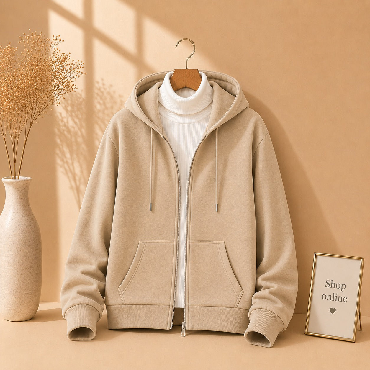 Basic Beige Zipper with White Ribknit Highneck