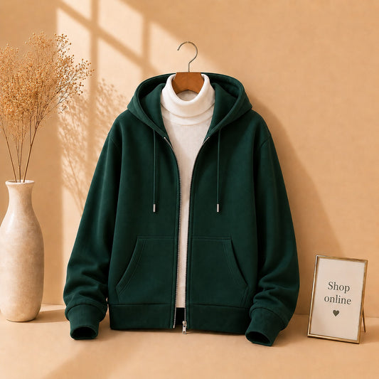 Basic Bottle Green Zipper with White Ribknit Highneck