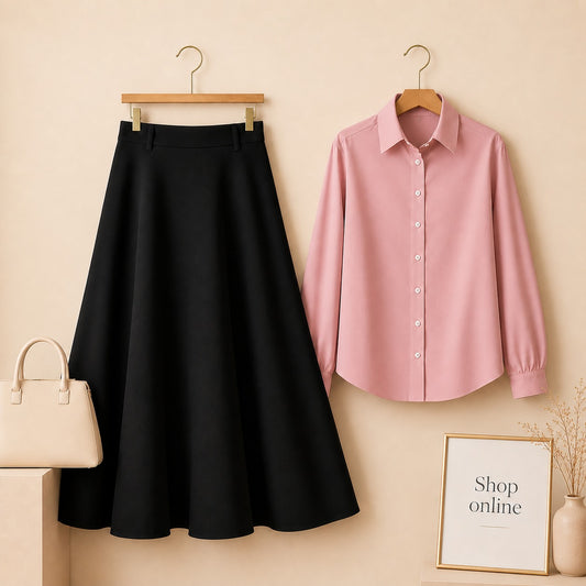 Pink Button Down Shirt with Black Cotton Twill Skirt
