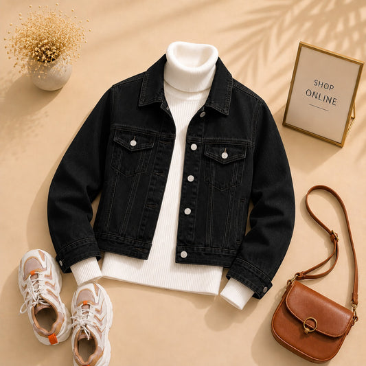 Black Denim Jacket With White Ribknit Highneck