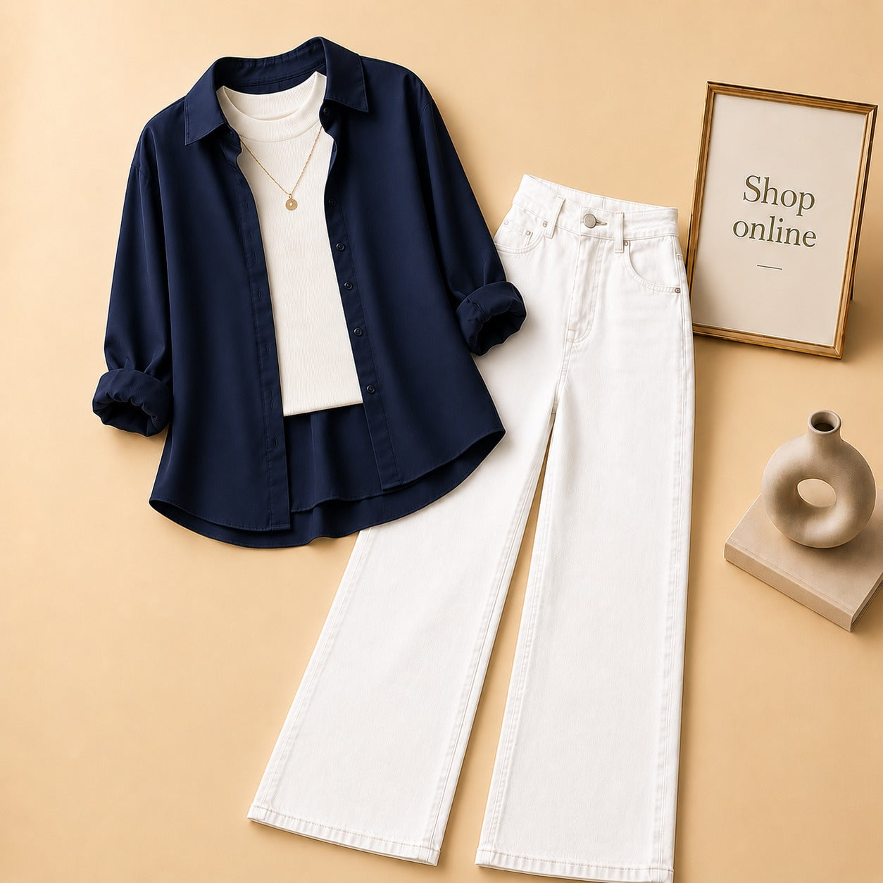 Navy Blue Button Down Shirt with White Tank top and White Wide Leg Jeans