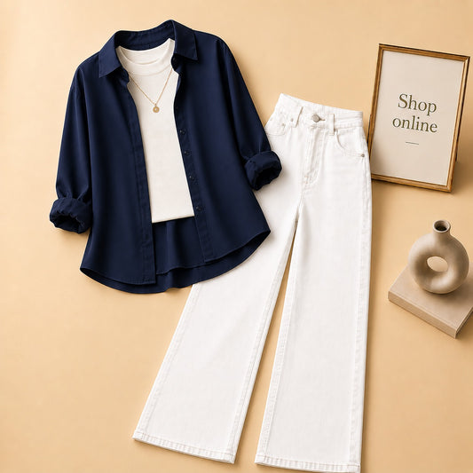 Navy Blue Button Down Shirt with White Tank top and White Wide Leg Jeans