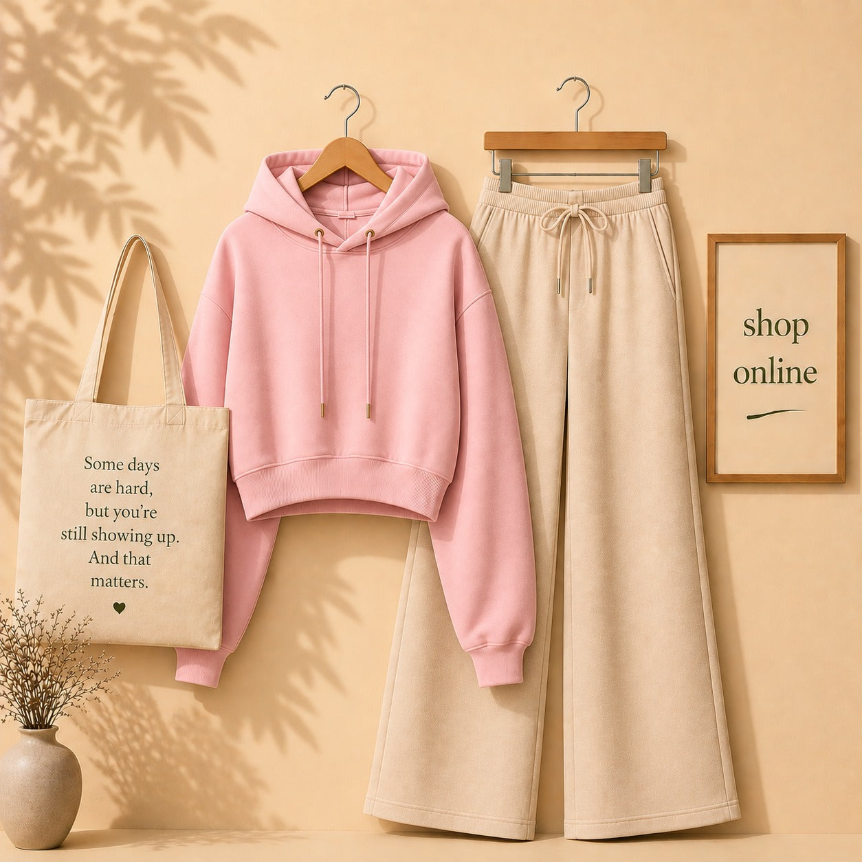 Basic Pink Crop Hoodie with Beige Flapper