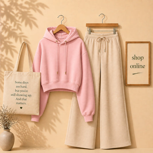 Basic Pink Crop Hoodie with Beige Flapper