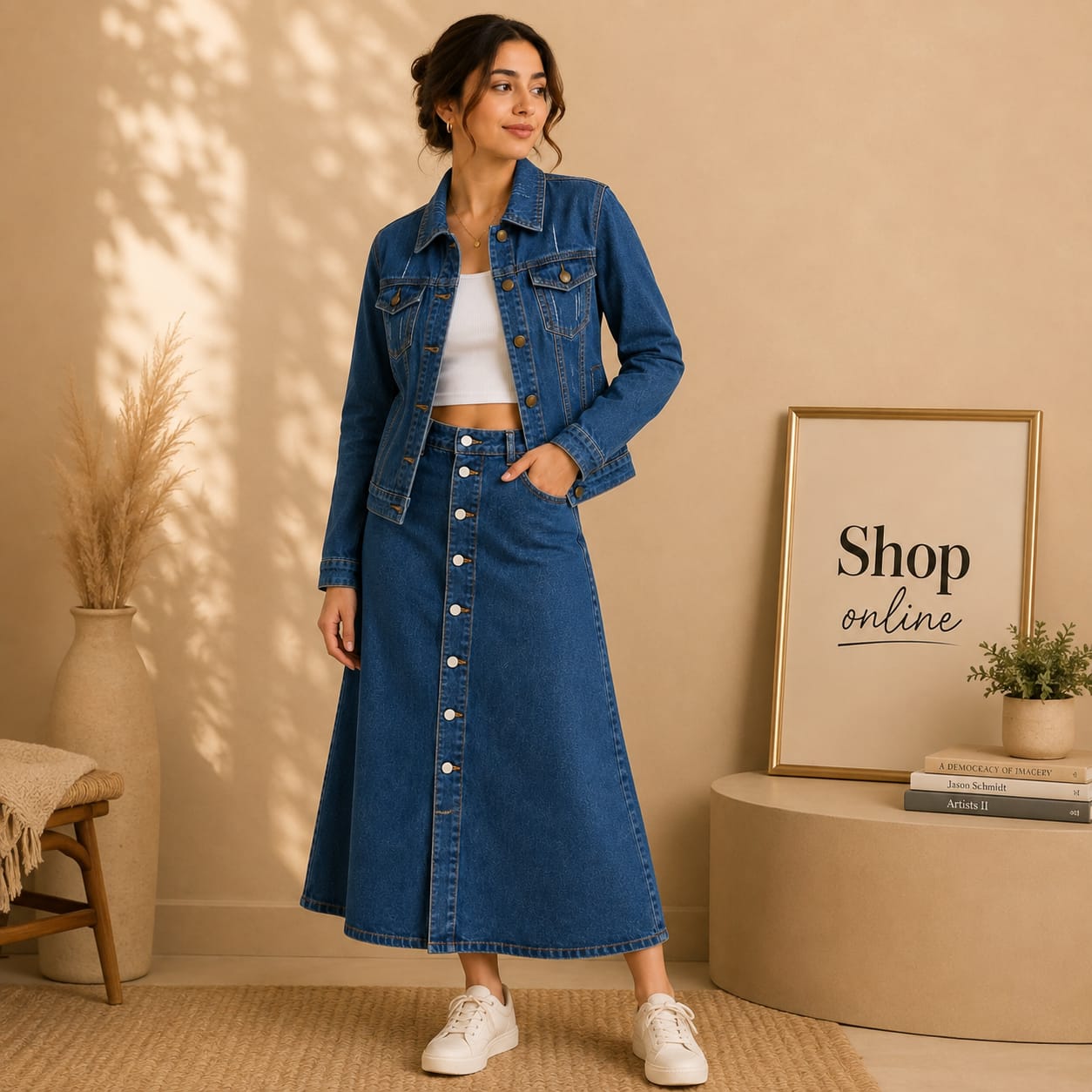 Mid Blue Denim Jacket With Mid Blue Denim Skirt