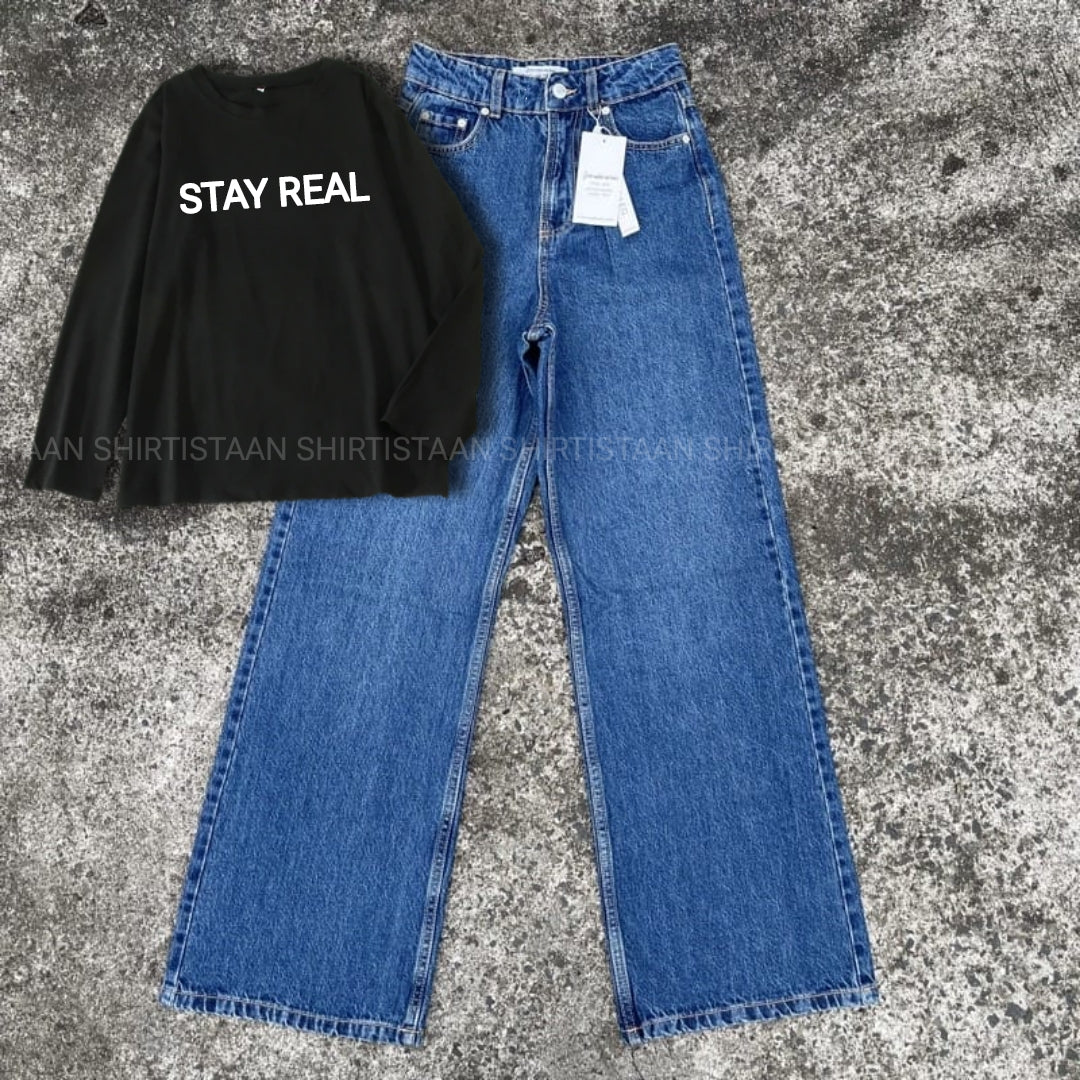 MID BLUE WIDE LEG JEANS BLACK FULL SLEEVE TEE STAY REAL