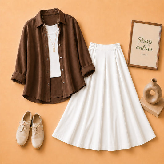Brown Button Down Shirt with White Tanktop & White Twill Skirt