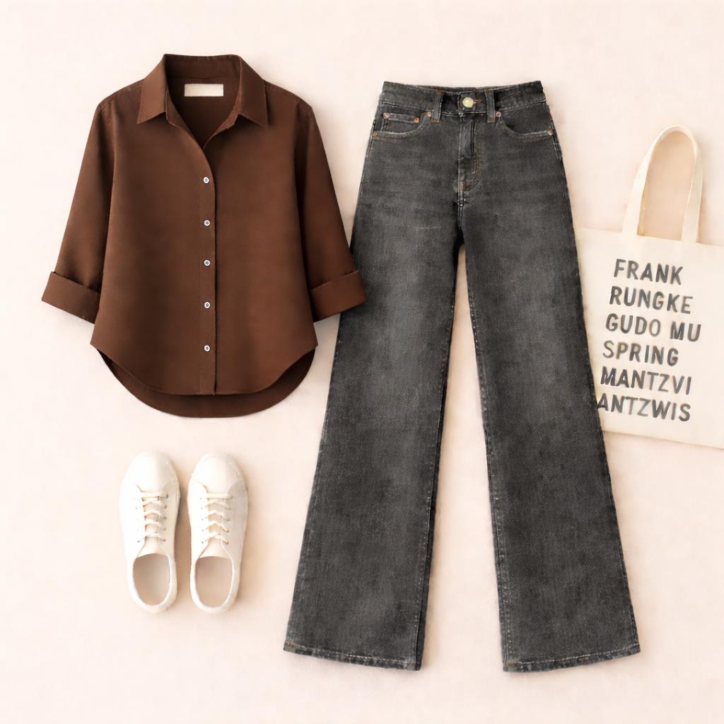 Brown Button Down Shirt with Malaysia Black Wide Leg Jeans