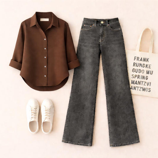 Brown Button Down Shirt with Malaysia Black Wide Leg Jeans