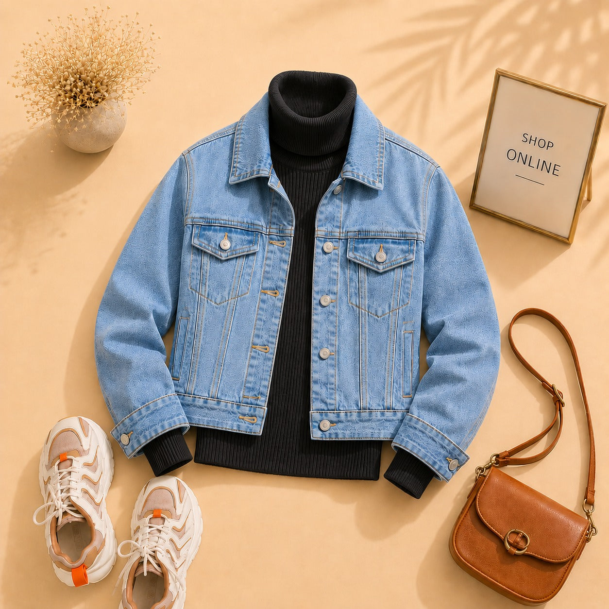 Mid Blue Denim Jacket With Black Ribknit High Neck
