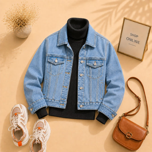 Mid Blue Denim Jacket With Black Ribknit High Neck