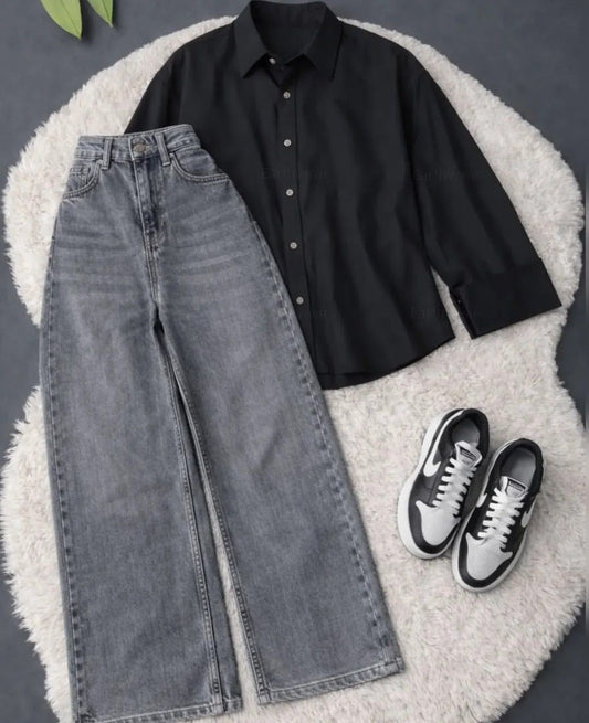 Black Button Down Shirt with Malaysia Black Wide Leg Jeans