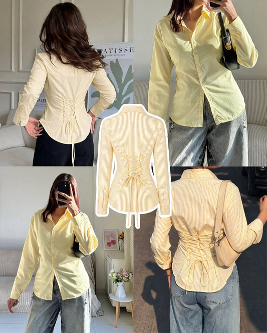 Yellow n White Corset Lace-Up Back Stripe Shirt