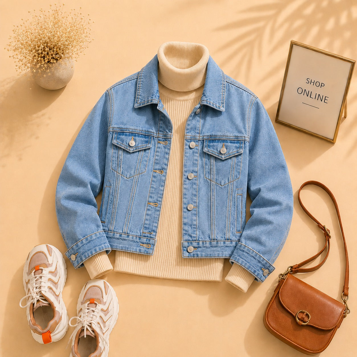 Mid Blue Denim Jacket With Beige Ribknit High Neck