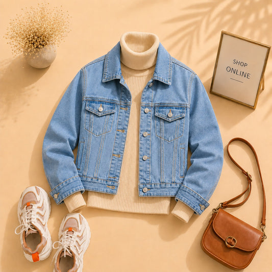 Mid Blue Denim Jacket With Beige Ribknit High Neck