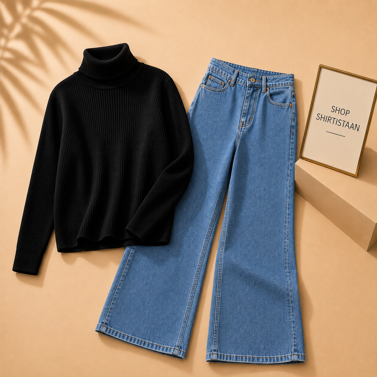 Black Ribknit High Neck with Sky Blue Wide Leg Jeans