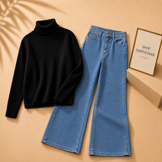 Black Ribknit High Neck with Sky Blue Wide Leg Jeans