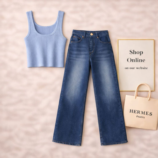 Sky Blue  Tanktop with Mid blue wide Leg Jeans