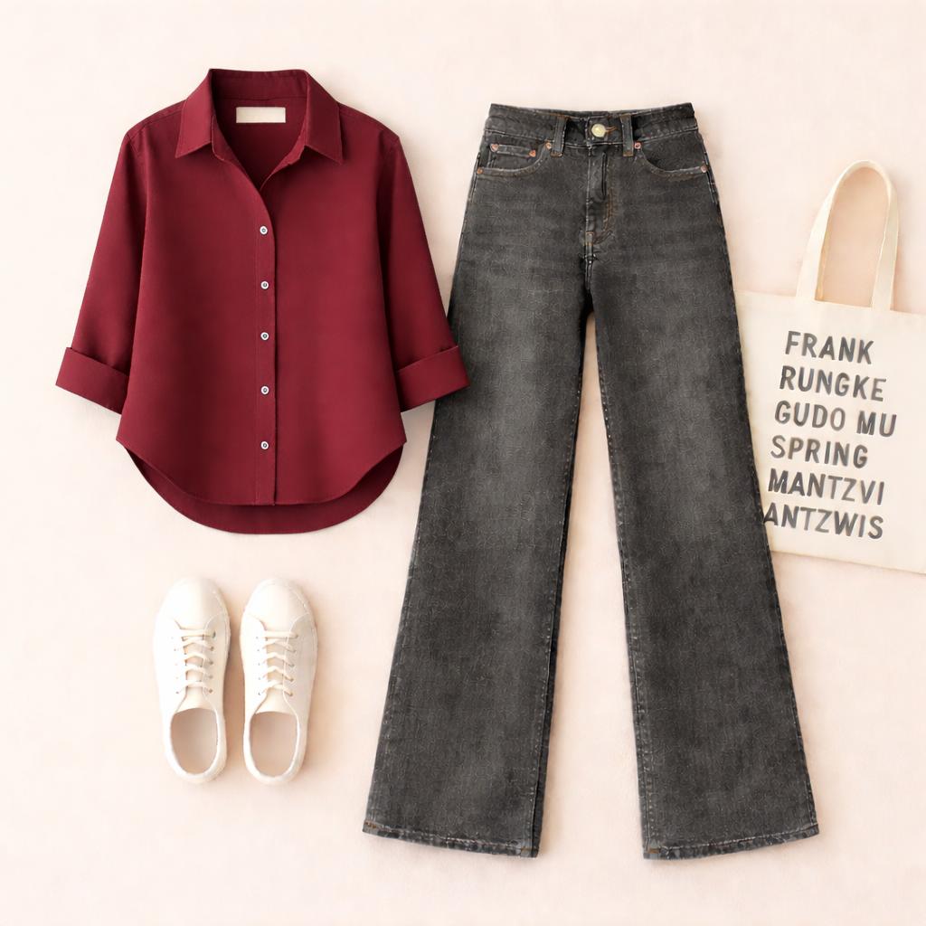 Maroon Button Down Shirt with Malaysia Black Wide Leg Jeans