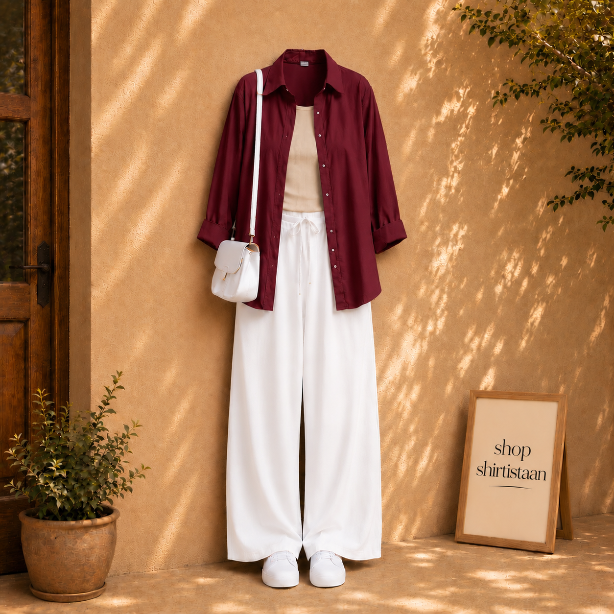 Maroon Button Down Shirt With Beige Tank top and White Flapper