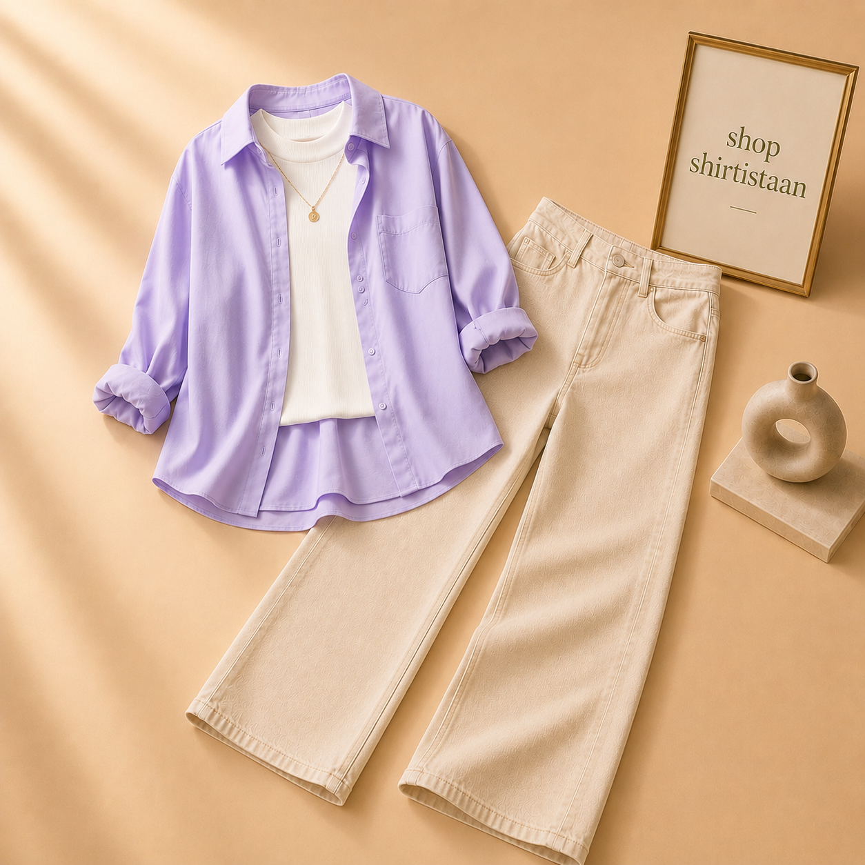 Lilac Button Down Shirt with White Tank top and Beige Wide Leg Jeans
