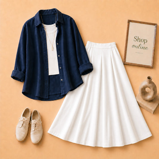 Navy Blue Button Down Shirt with White Tanktop & White Twill Skirt