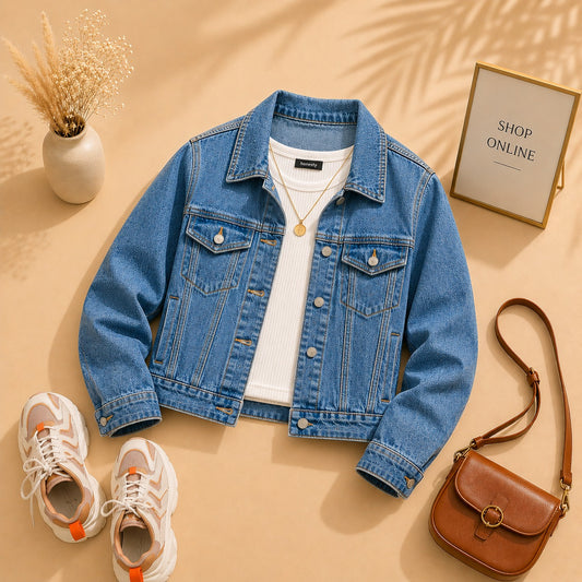 Mid Blue Denim Jacket with White Tanktop