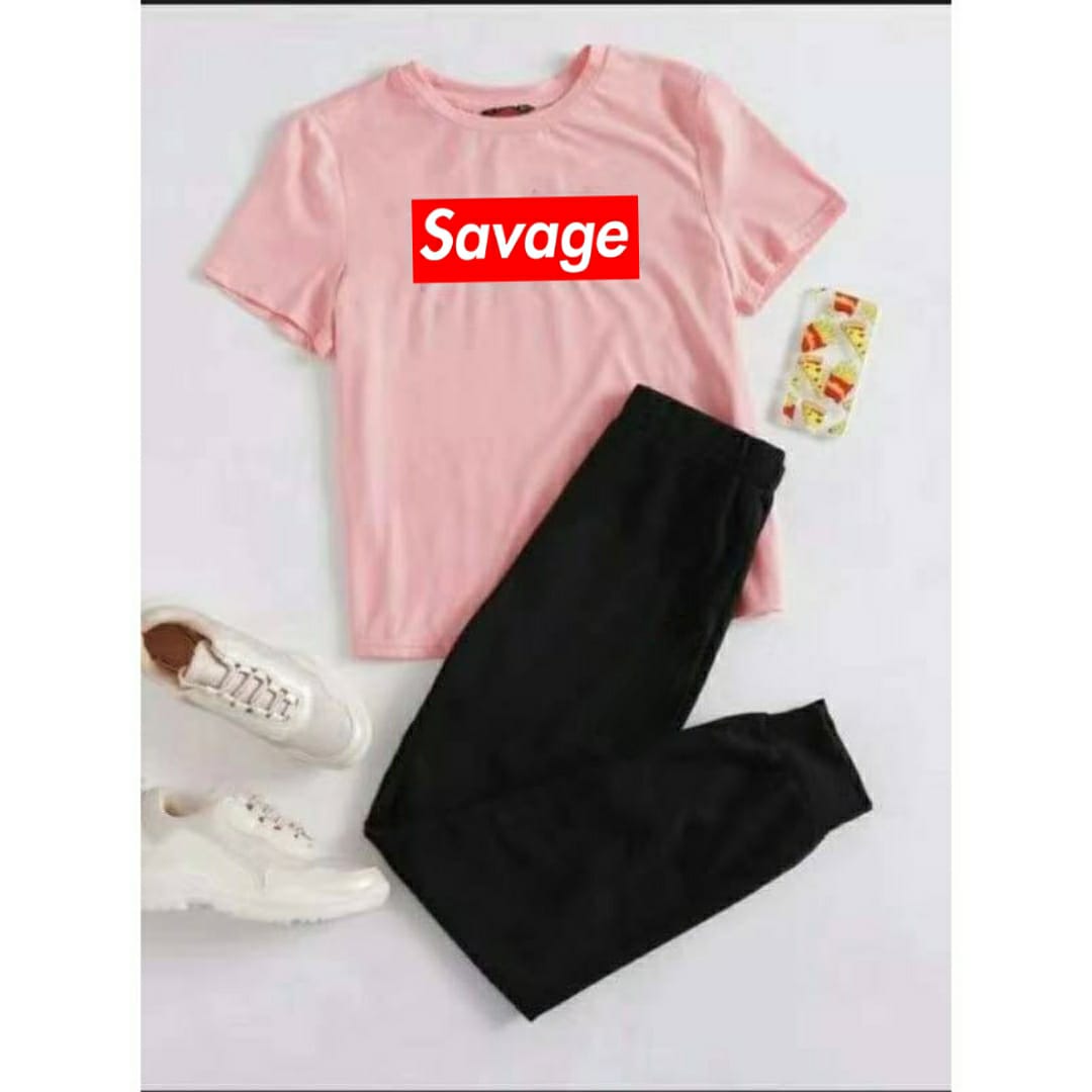 PINK TSHIRT TSHIRT SAVAGE WITH PLAIN BLACK TROUSER