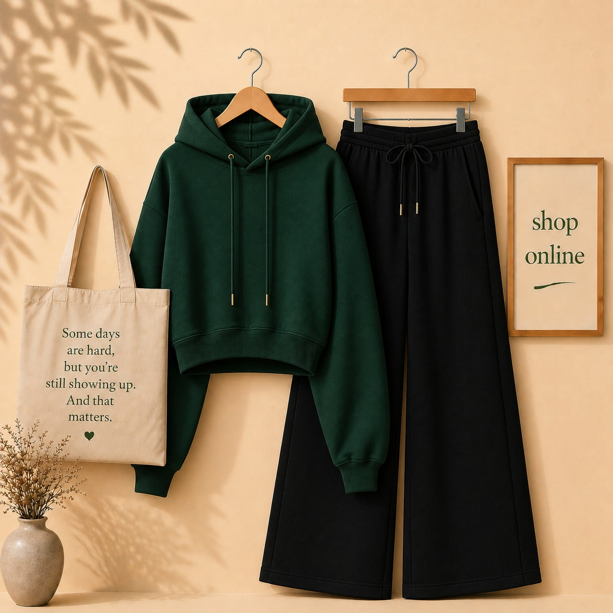 Basic Bottle Green Crop Hoodie with Black Flapper