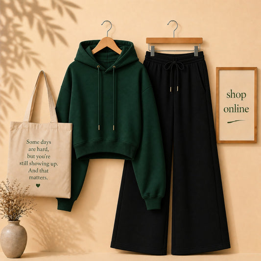 Basic Bottle Green Crop Hoodie with Black Flapper