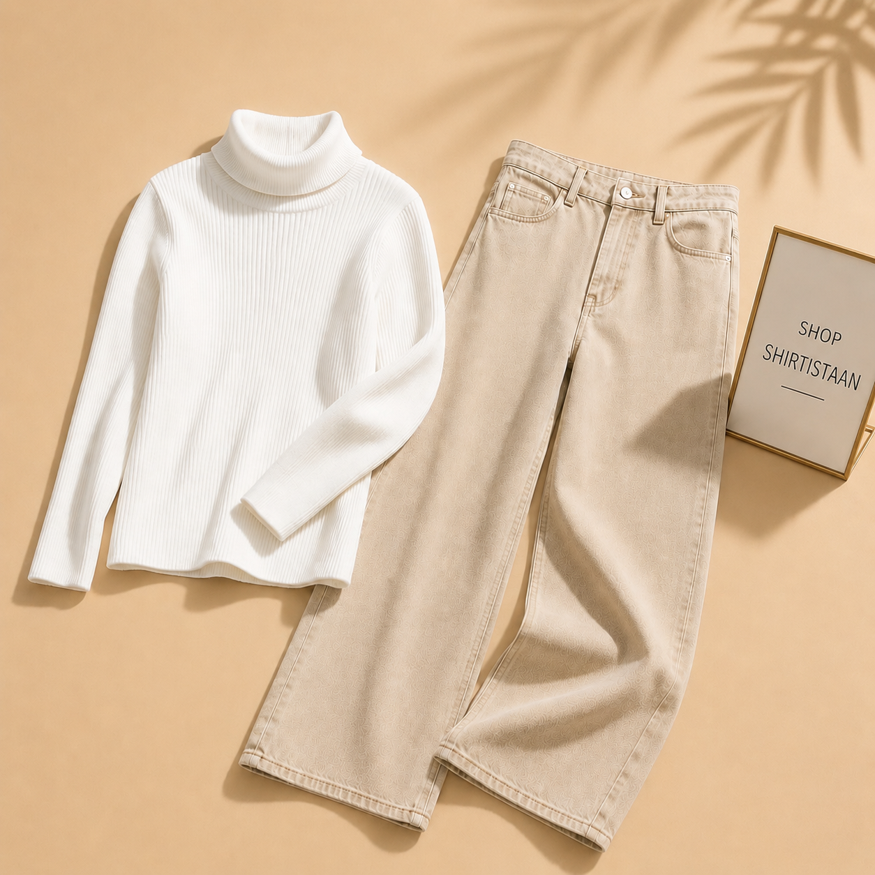 White Ribknit High Neck with Beige Wide Leg Jeans