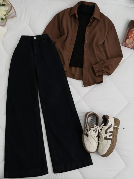 Brown Button Down Shirt With Black Tee and Black wide leg Jeans