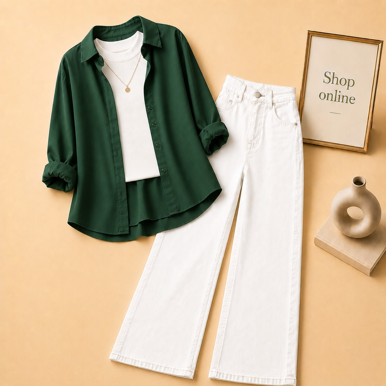 Bottle Green Button Down Shirt with White Tank top and White Wide Leg Jeans
