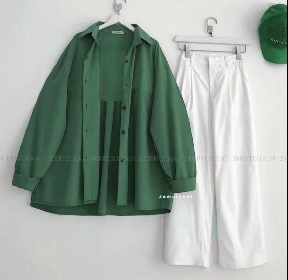 BOTTLE GREEN BUTTON DOWN SHIRT WITH WHITE WIDE LEG JEANS