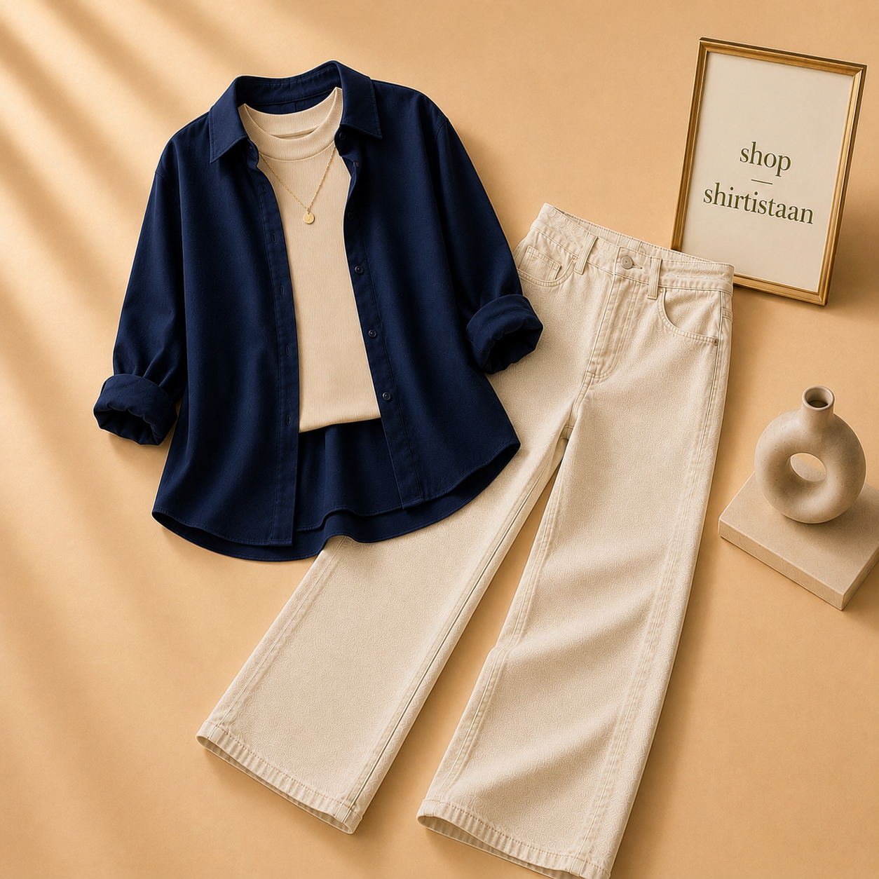 Navy Blue Button Down Shirt with Beige Tank top and Beige Wide Leg Jeans