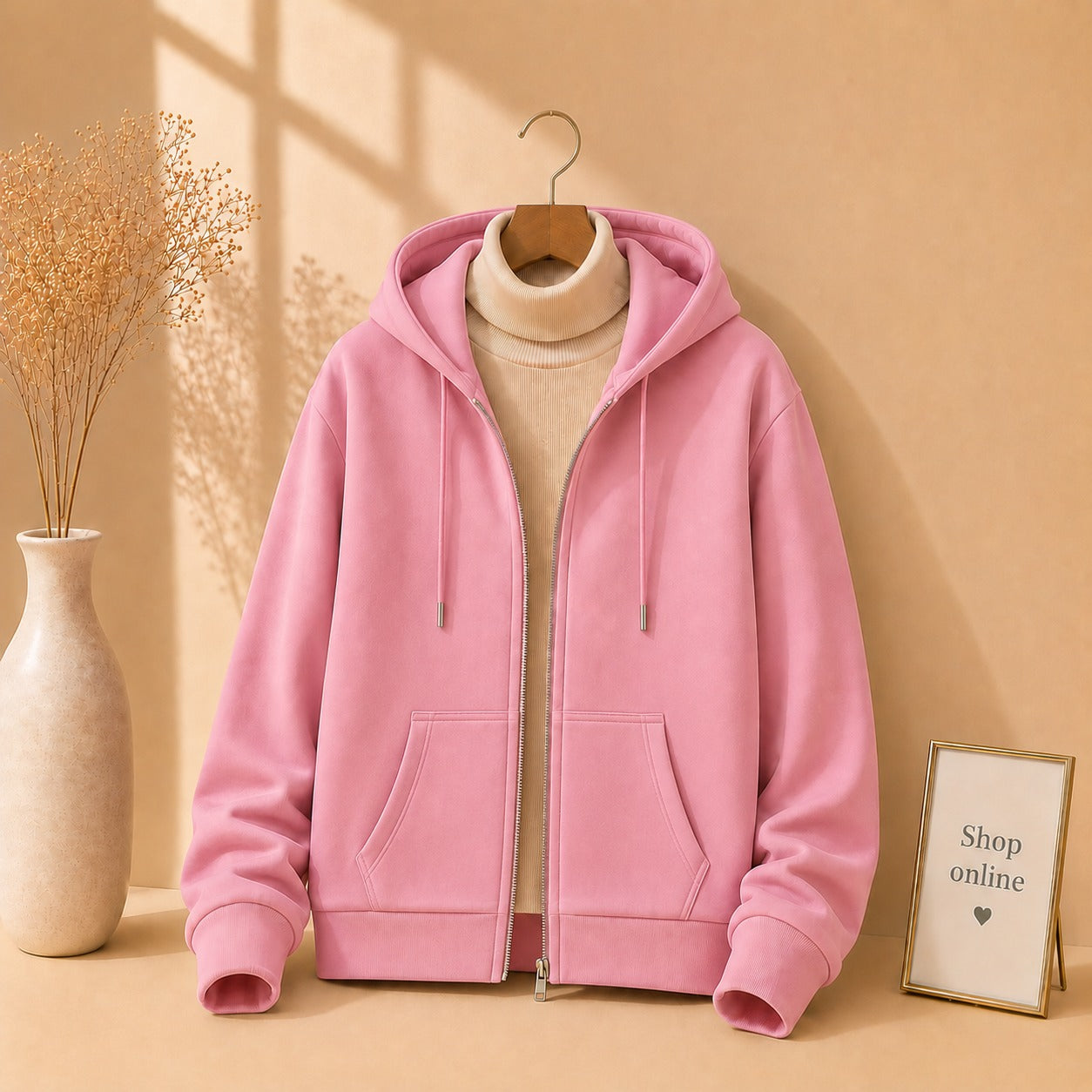 Basic Pink Zipper with Beige Ribknit Highneck