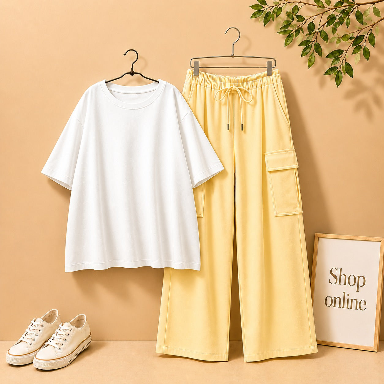 White Drop Shoulder Tee with Beige Cargo Trouser