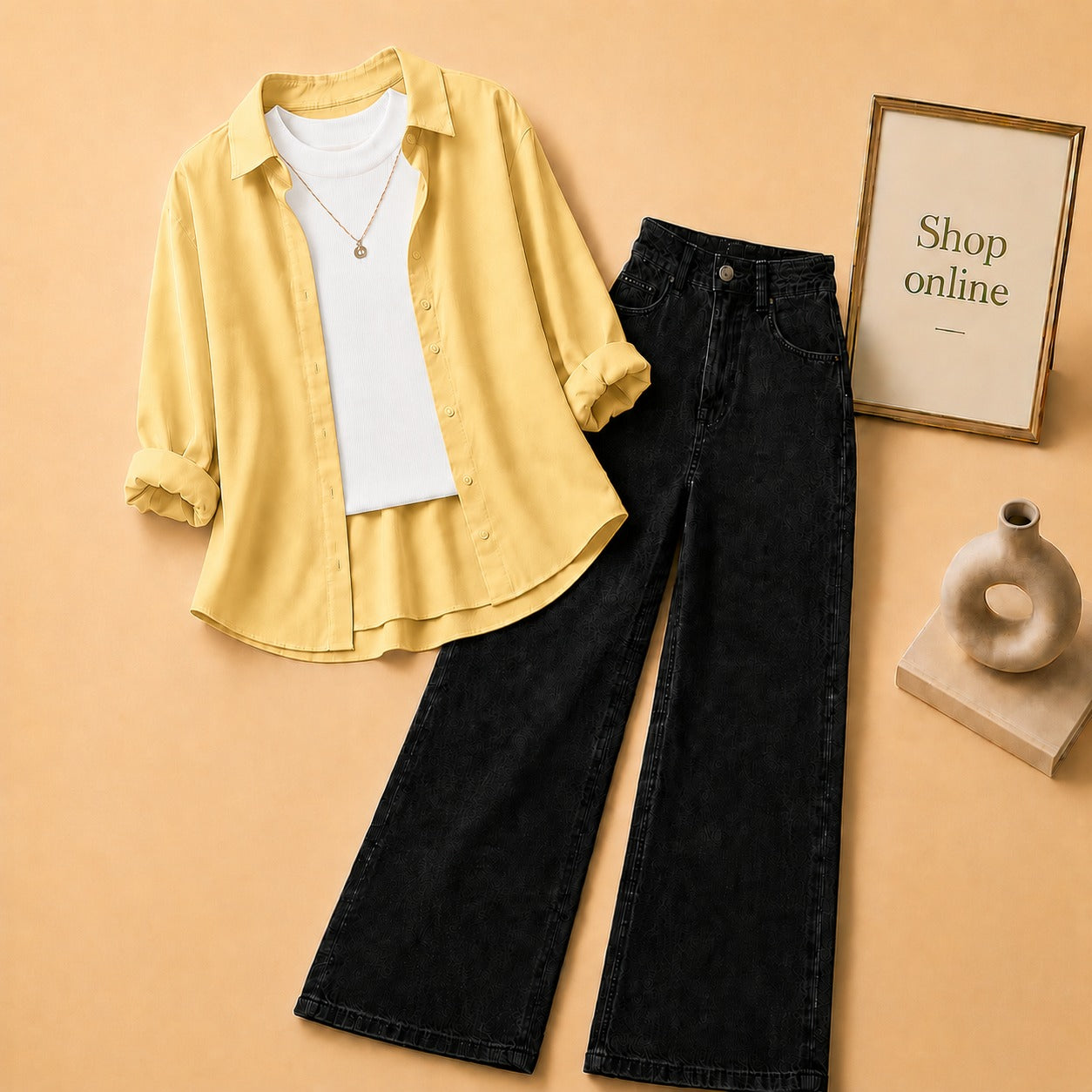 Light Yellow Button Down Shirt with White Tank top and Black Wide Leg Jeans