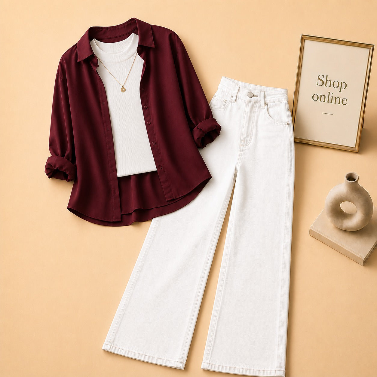 Maroon Button Down Shirt with White Tank top and White Wide Leg Jeans