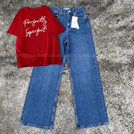 MID BLUE WIDE LEG JEANS WITH RED TEE PERFECTLY IMPERFECT