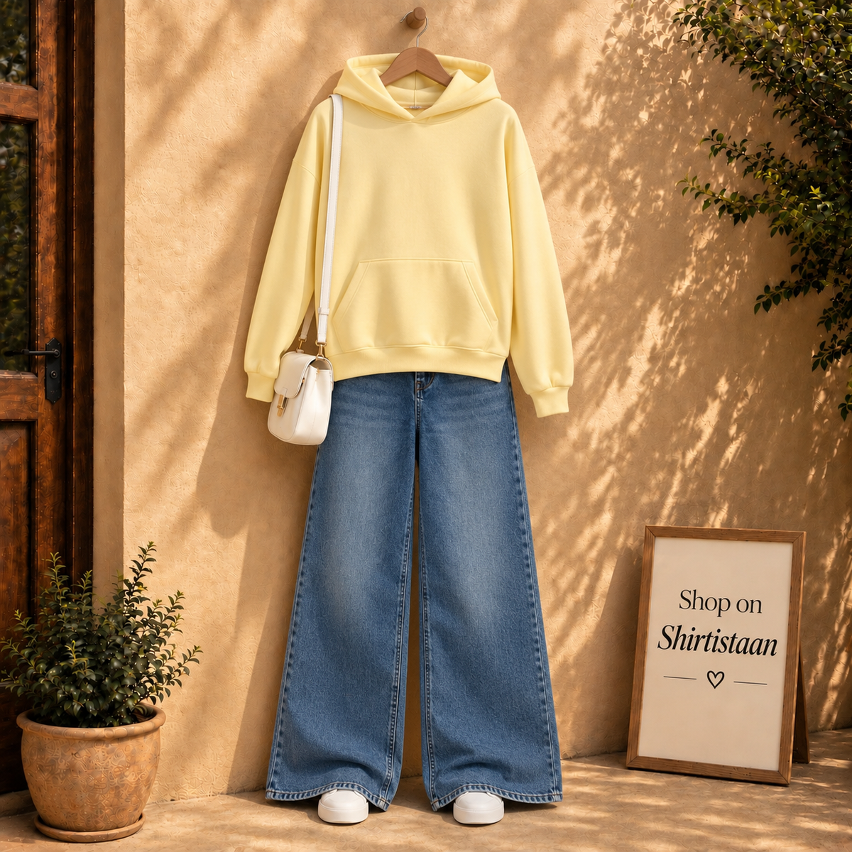 Lime Yellow Hoodie with Dark Blue Wide Leg Jeans