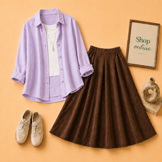 Lilac Button Down Shirt with White Tanktop & Brown Twill Skirt