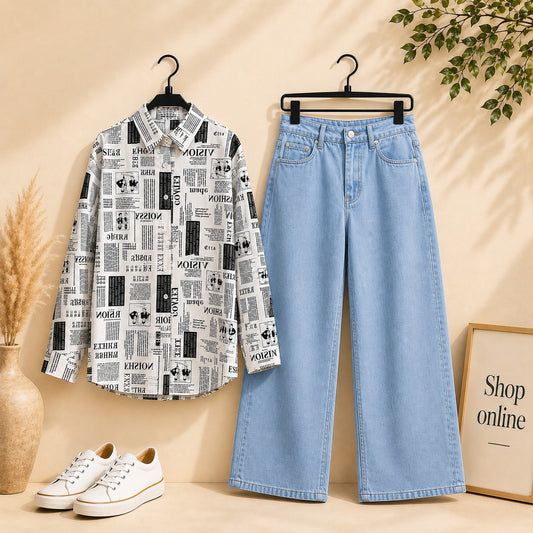 New Paper Button Down Shirt with Sky Blue Wide Leg Jeans