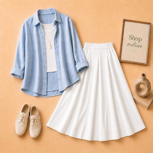 Sky Blue Button Down Shirt with White Tanktop & White Twill Skirt
