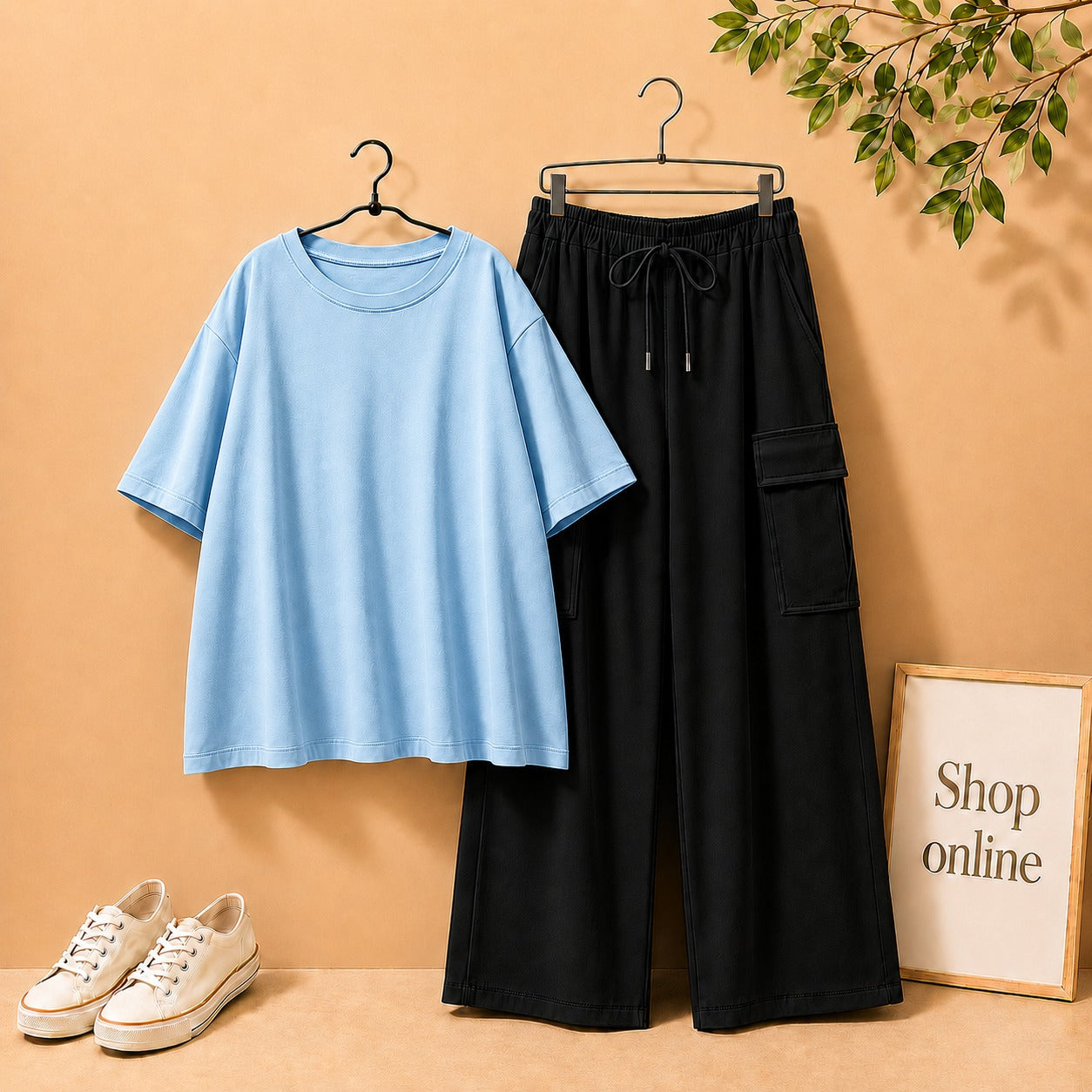 Sky Blue  Drop Shoulder Tee with Black Cargo Trouser