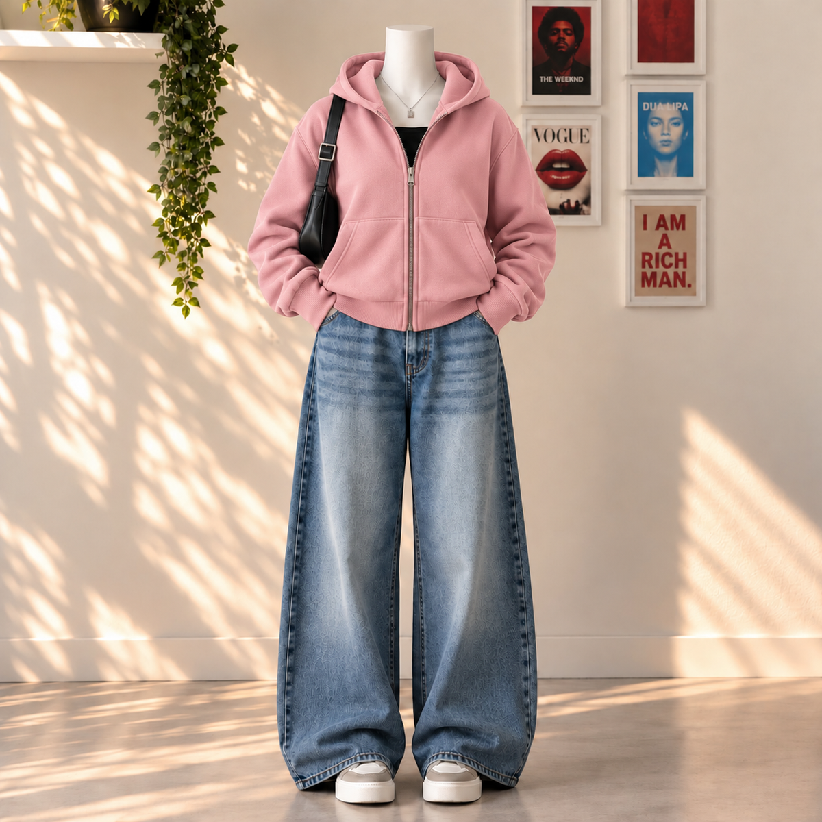 Pink Zipper with Mid Blue Vintage Jeans