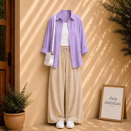 Lilac Button Down Shirt With White Tank top and Beige Flapper