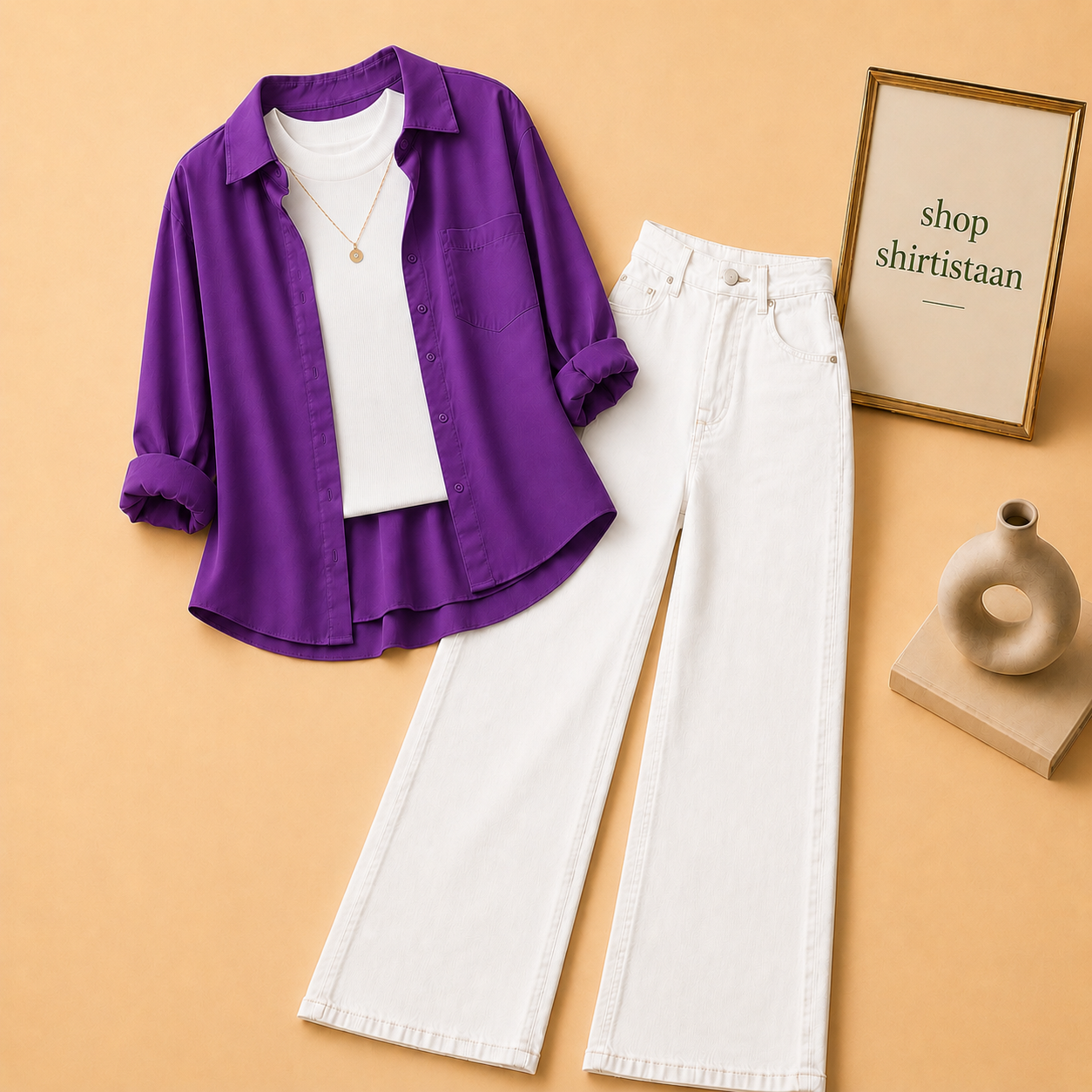 Purple Button Down Shirt with White Tank top and White Wide Leg Jeans