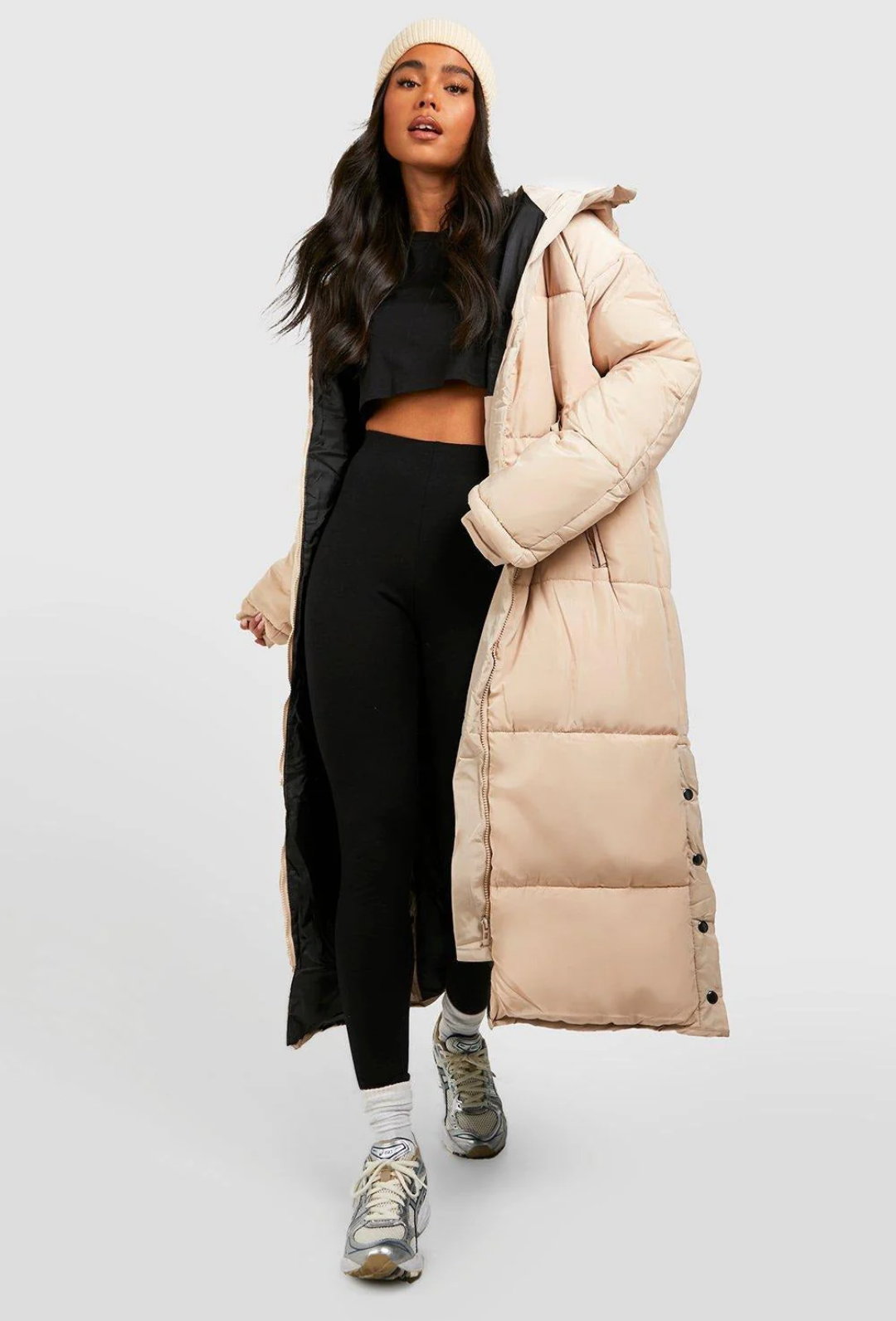 BEIGE HOOD LONGLINE PUFFER JACKET