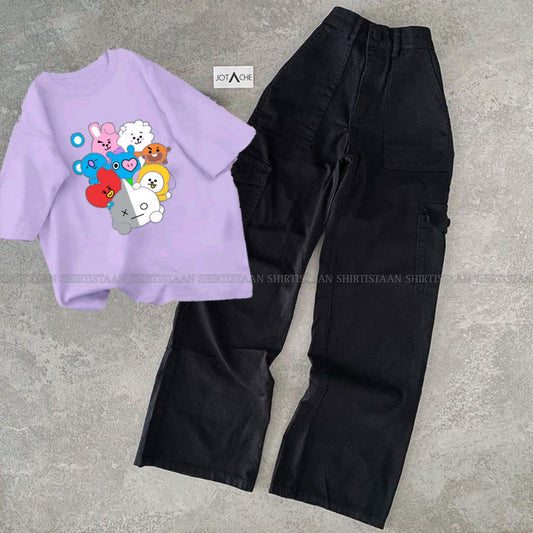 LILAC TEE BT21 CARTOON WITH BLACK CARGO JEANS